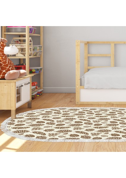 Kaymaz Dijital Mutfak & Salon Halı Star Pamuk Saçaklı Oval Vintage AL5014 Bej