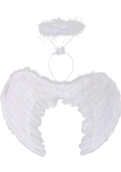 Beyaz Renkli Tüylü Bebek Melek Kanadı ve Tacı 30X45 cm - HNK1089-6291