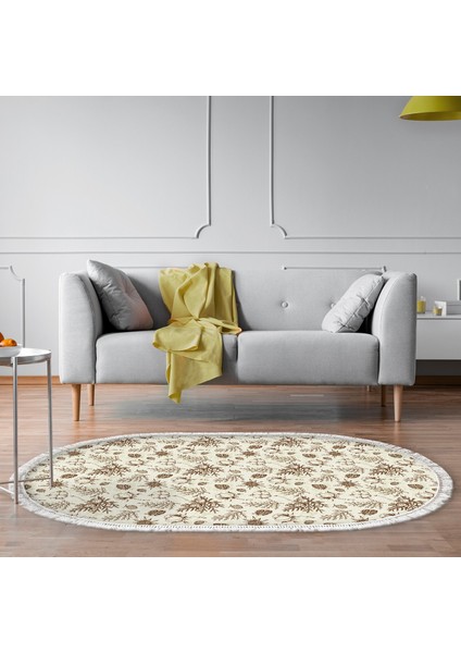 Kaymaz Dijital Mutfak & Salon Halı Trend Saçaklı Oval Vintage AL5012 Bej