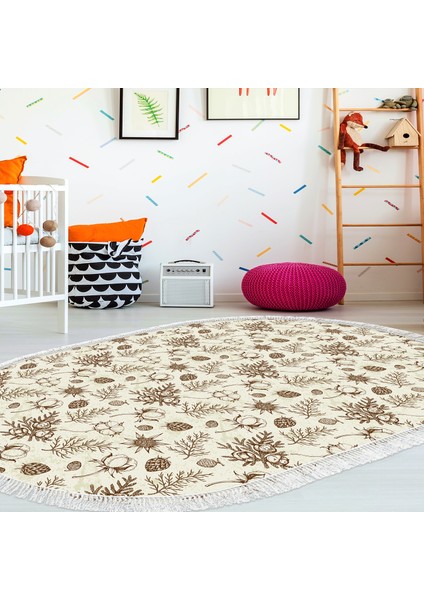 Kaymaz Dijital Mutfak & Salon Halı Trend Saçaklı Oval Vintage AL5012 Bej