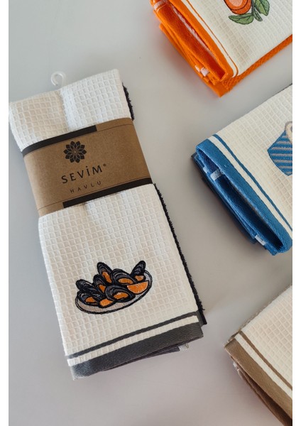 2’li Mutfak Havlusu –%100 Pamuk - Midye Nakışlı - 40X60 Cm-Antrasit modelleri