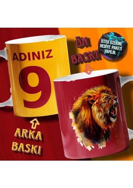 Gs Galatasaray Isme Özel Forma Numaralı Sarı Kırmızı Aslan Baskılı Kupa Bardak