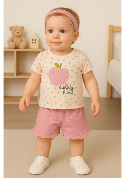 Kız Bebek Şeftali Desenli 3’lü Takım (Tişört + Şort + Saç Bandı) 9-24 Ay