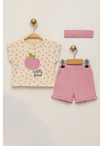 Kız Bebek Şeftali Desenli 3’lü Takım (Tişört + Şort + Saç Bandı) 9-24 Ay fiyatları