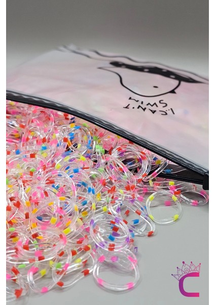 1000'LI Çantalı Dayanıklı Perma Lastik Toka Seti - Şeffaf Floresan Renkli Saç Lastiği Örgü Tokası
