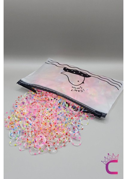 1000'LI Çantalı Dayanıklı Perma Lastik Toka Seti - Şeffaf Floresan Renkli Saç Lastiği Örgü Tokası fiyatları