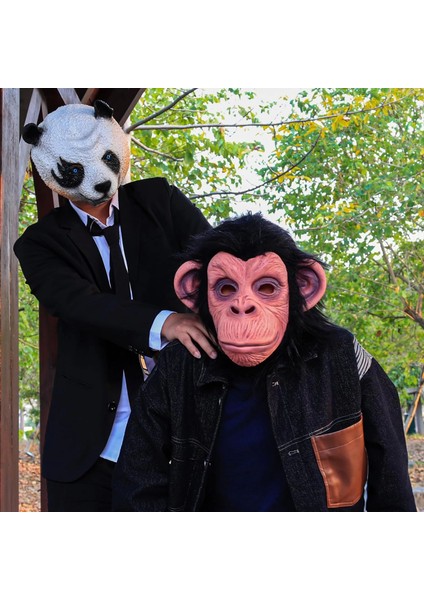 Siyah Saçlı Kafaya Tam Geçmeli Lateks Şempanze Maskesi - Lateks Maymun Orangutan - HNK4824-2173