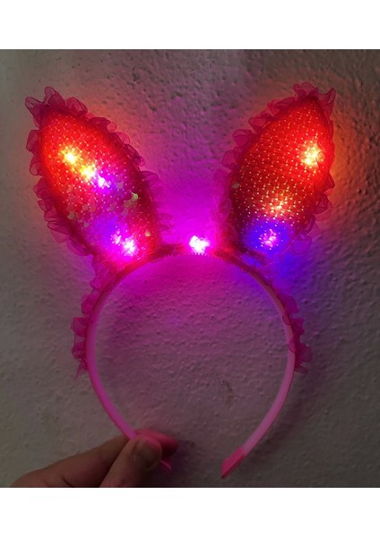Kenarları Dantelli Fuşya Pullu Payetli LED Işıklı Tavşan Kulak Taç 23X19 cm - HNK4516-3629 fiyatları
