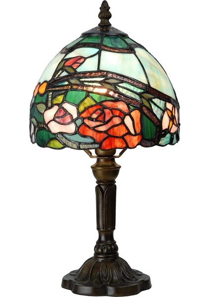 Rose Flower Tiffany Stil Masa Lambası, Kırmızı, Antik Cam Desenli