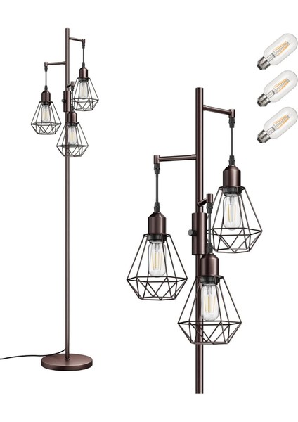 3 Başlıklı Dimlenebilir Retro Ayaklı Lamba E27 Led, Kafes Şapkalı, 166 cm