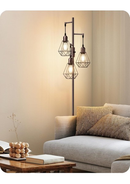 3 Başlıklı Dimlenebilir Retro Ayaklı Lamba E27 Led, Kafes Şapkalı, 166 cm fiyatları