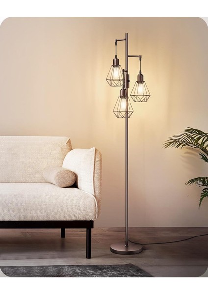 3 Başlıklı Dimlenebilir Retro Ayaklı Lamba E27 Led, Kafes Şapkalı, 166 cm modelleri