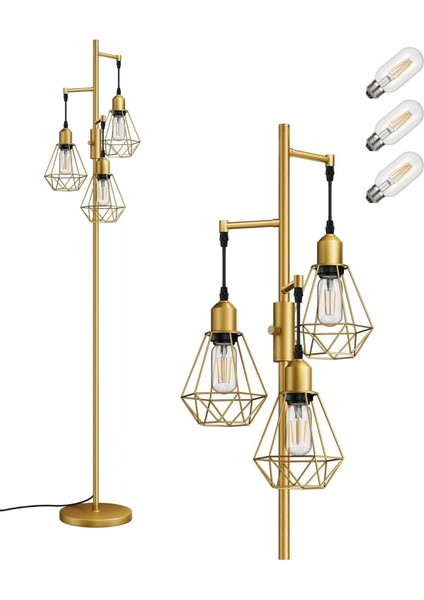 3 Başlıklı Dimlenebilir Retro Ayaklı Lamba E27 Led, Kafes Şapkalı, 166 cm