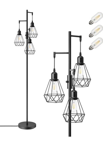 3 Başlıklı Dimlenebilir Retro Ayaklı Lamba E27 Led, Kafes Şapkalı, 166 cm