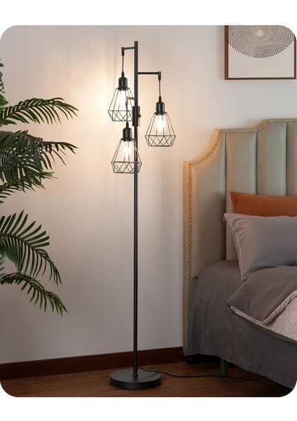 3 Başlıklı Dimlenebilir Retro Ayaklı Lamba E27 Led, Kafes Şapkalı, 166 cm fiyatları