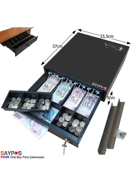 4 Banknot Gözlü Masa Altı Montaj Askılı, Pos Bağlantılı, Anahtardan Açılır Para Çekmecesi 33,5x37x9cm