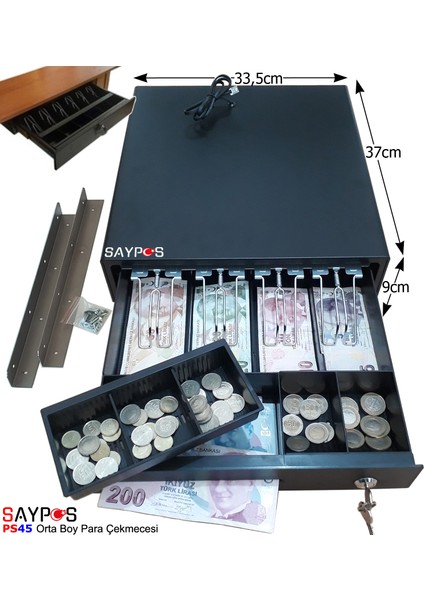 4 Banknot Gözlü Masa Altı Montaj Askılı, Pos Bağlantılı, Anahtardan Açılır Para Çekmecesi 33,5x37x9cm fiyatları