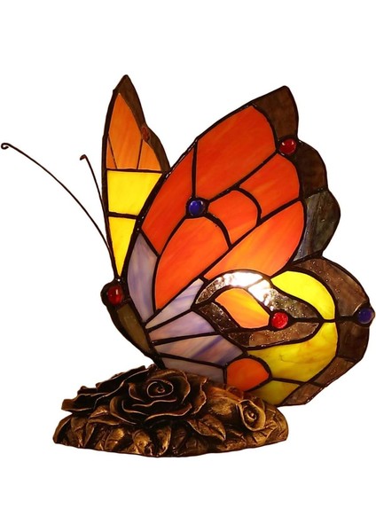 Kırmızı Kelebek Desenli Tiffany Tarzı 8 Inç Vitray Masa Lambası, El Yapımı