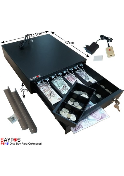 4 Banknot Gözlü Kolay Açma Butonlu ve Montaj Askılı (Takım Halinde) Para Çekmecesi 33,5x37x9cm fırsatları