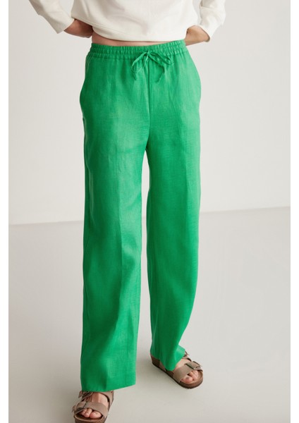 Sadıe Kadın %100 Keten Relaxed Kalıp Beli Lastikli Yeşil Pantolon