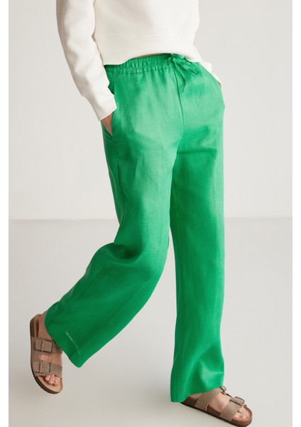 Sadıe Kadın %100 Keten Relaxed Kalıp Beli Lastikli Yeşil Pantolon modelleri