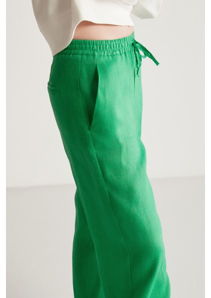 Sadıe Kadın %100 Keten Relaxed Kalıp Beli Lastikli Yeşil Pantolon fırsatları