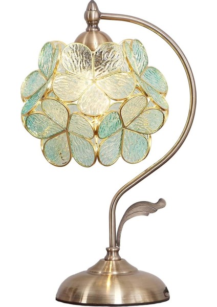 Tiffany Masa Lambası, Açık Mavi Vitray Çiçek Abajur, Pirinç Ayak