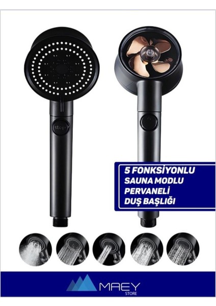 Turbo Pervaneli Siyah Duş Başlığı 5 Fonksiyonlu Start-Stop Tuş 360 Dönebilen