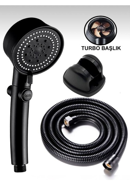 3’lü Ser Siyah 5 Fonksiyonlu Turbo Jet Pervaneli Duş Başlığı Örgülü Hortum ve Askı