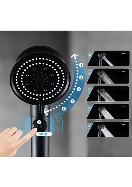 3’lü Ser Siyah 5 Fonksiyonlu Turbo Jet Pervaneli Duş Başlığı Örgülü Hortum ve Askı