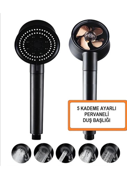 Renkli Pervaneli Turbo Fan Başlık | Siyah Start/stop Özellikli Tasarruflu Duş Başlık