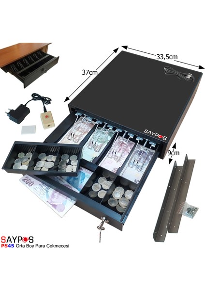4 Banknot Gözlü Kolay Açma Butonlu ve Montaj Askılı (Takım Halinde) Para Çekmecesi 33,5x37x9cm fırsatları
