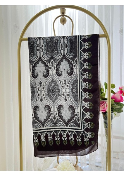 Retro Desen Pamuk Şal Siyah Beyaz