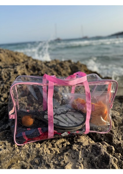 Premium Şeffaf Pembe Renkli Bavul Plaj Çantası