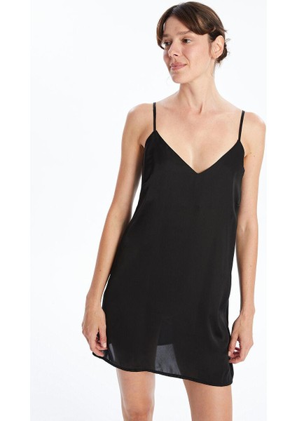 V Yaka Düz Askılı Saten Kadın Fantezi Gecelik (W4)