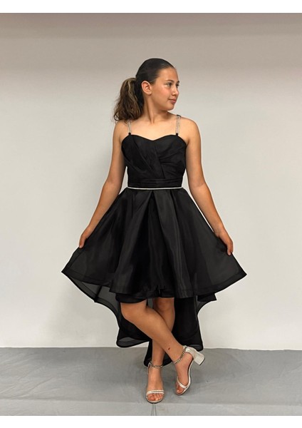 Kız Çocuk Abiye Siyah Taş Kordon Askılı Kalp Yaka Kuyruklu Şifon Abiye Elbise 9-16 Yaş