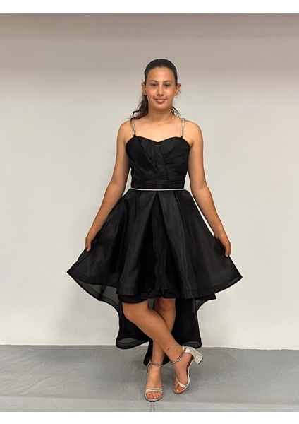 Kız Çocuk Abiye Siyah Taş Kordon Askılı Kalp Yaka Kuyruklu Şifon Abiye Elbise 9-16 Yaş fiyatları