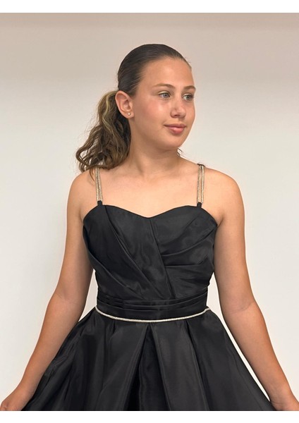 Kız Çocuk Abiye Siyah Taş Kordon Askılı Kalp Yaka Kuyruklu Şifon Abiye Elbise 9-16 Yaş modelleri