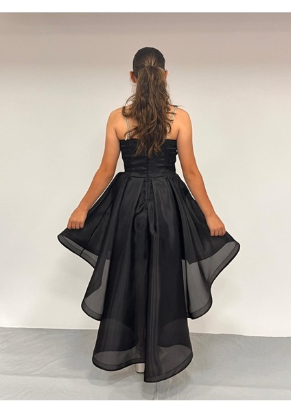 Kız Çocuk Abiye Siyah Taş Kordon Askılı Kalp Yaka Kuyruklu Şifon Abiye Elbise 9-16 Yaş fırsatları