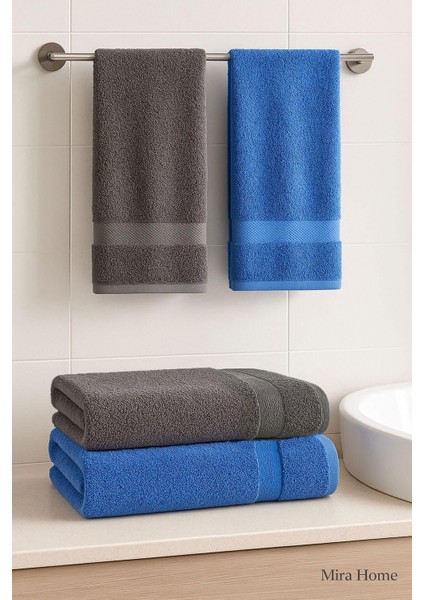 4 Parça Ekonomik Banyo Havlu Takımı %100 Pamuklu Quickdry Mavi