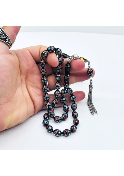 Renkli Gümüş Işlemeli Erzurum Oltu Taşı Tesbih fiyatları