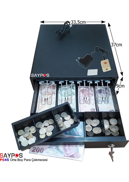 4 Banknotlu Kolay Açma Buton Adaptörlü Anahtardan Açılır Orta Boy Para Çekmecesi 33,5x37x9cm