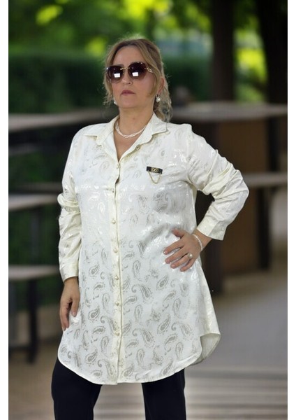 Zincir Aksesuarlı İnci Önden Düğmeli Uzun Kol Battal Büyük Beden Jakarlı Saten Gömlek Tunik fiyatları