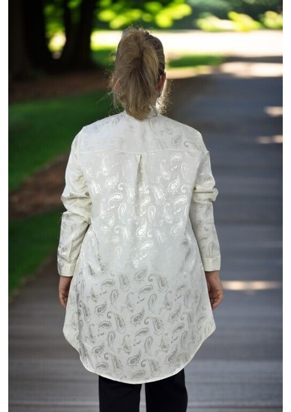 Zincir Aksesuarlı İnci Önden Düğmeli Uzun Kol Battal Büyük Beden Jakarlı Saten Gömlek Tunik modelleri