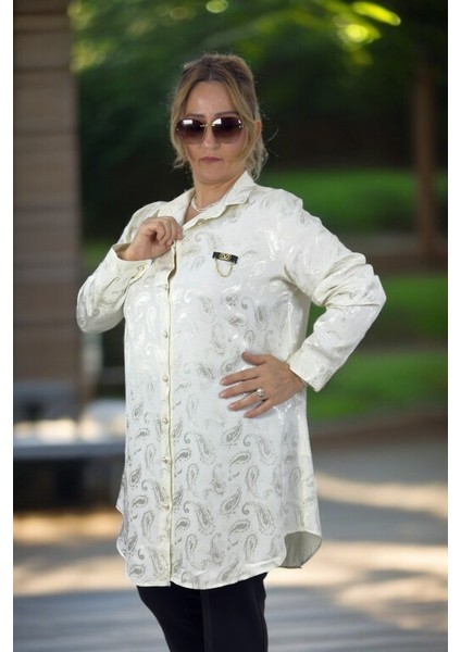 Zincir Aksesuarlı İnci Önden Düğmeli Uzun Kol Battal Büyük Beden Jakarlı Saten Gömlek Tunik fırsatları