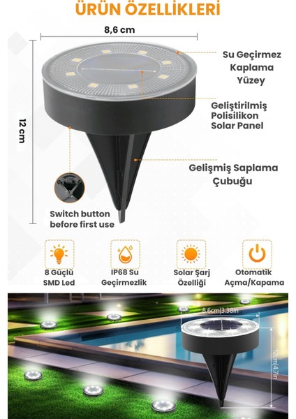 Solar 8 LED Zemin Aydınlatma | 4 Adet | IP68 | Otomatik Gece Işığı | Bahçe Aydınlatma | Beyaz Işık indirimleri