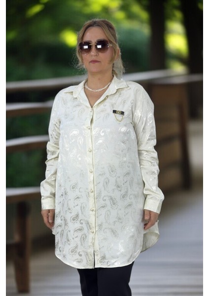 Zincir Aksesuarlı Inci Önden Düğmeli Uzun Kol Battal Büyük Beden Jakarlı Saten Gömlek Tunik