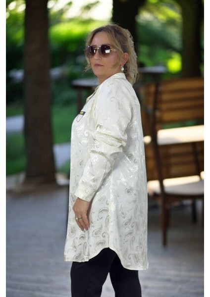 Zincir Aksesuarlı Inci Önden Düğmeli Uzun Kol Battal Büyük Beden Jakarlı Saten Gömlek Tunik fiyatları