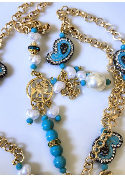 Kolye Aslan Burcu Doğal Taşlı Altın Kaplama Zincirli Kolye