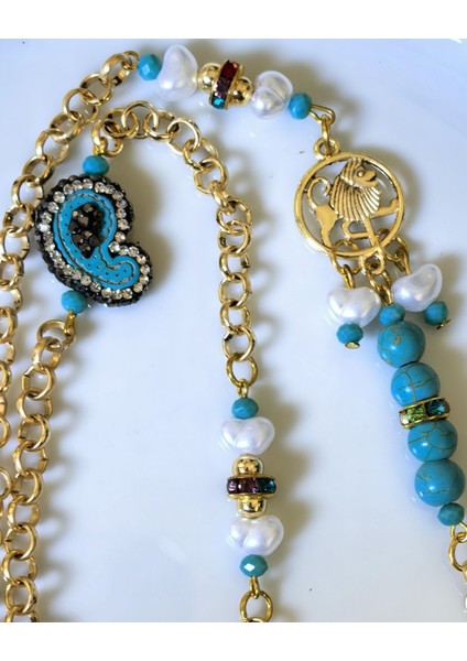 Kolye Aslan Burcu Doğal Taşlı Altın Kaplama Zincirli Kolye modelleri